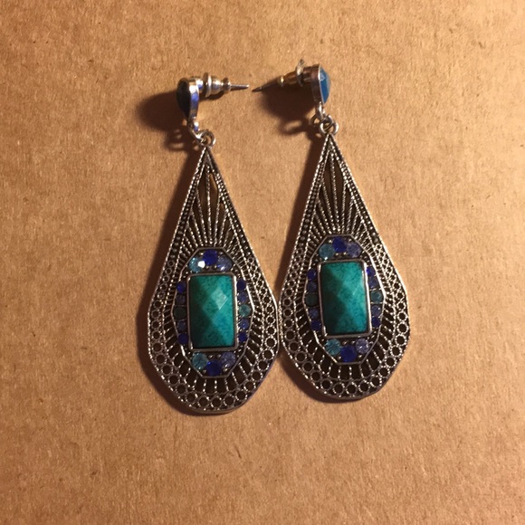 Blue turquoise statement earrings. - Picture 1 of 2